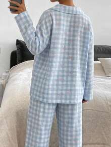 DAZY 2pcs Women Loose Comfortable Breathable Long Sleeve Top And Long Pants Pajama Set, Cute Home Wear, For Her - Blue - View 2