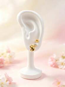9 Pairs Fashion Minimalist Heart & Flower Stainless Steel Stud Earrings Set, Suitable For Children's Daily Wear, Jewelry Gift Accessory - Stainless Steel Earring Set - View 7