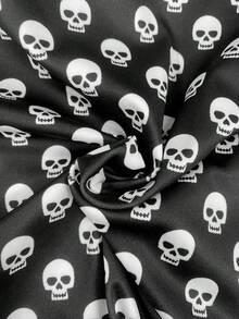 Women's Halloween Skull Print Drawstring Sweatshirt, Black Long Sleeve Hooded Sweatshirt, Autumn Spooky Fashion Knit Top - Black - View 5