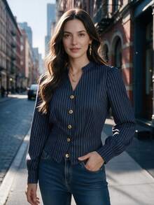 Women Vertical Striped Ruffle Cuff Shirt Button Down Casual V Neck Tops For Going Out Dating Daily Commuting - Blue - View 3