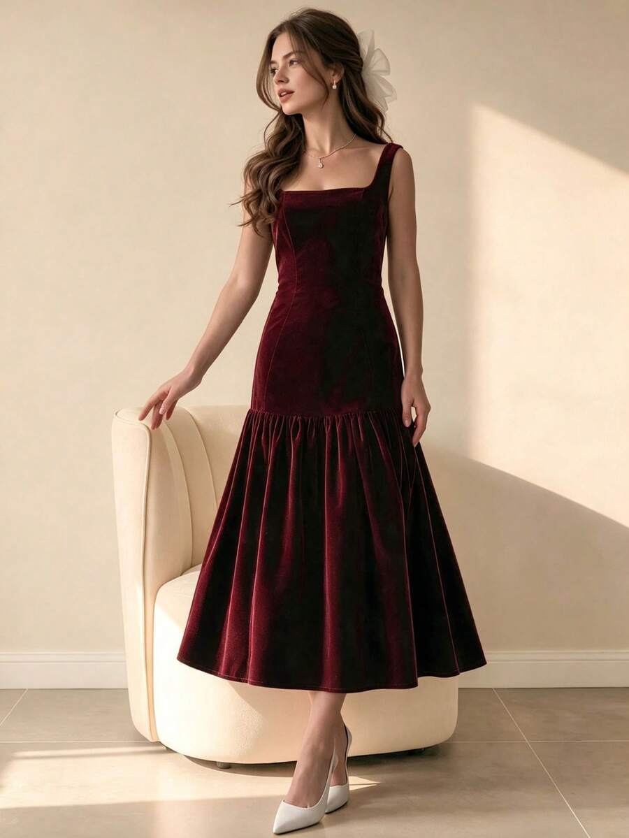 Women Elegant Sleeveless Dress Square Neck Velvet Ruffle Hem Clothes For Wedding Going Out Dating Fall Winter - Burgundy - View 1
