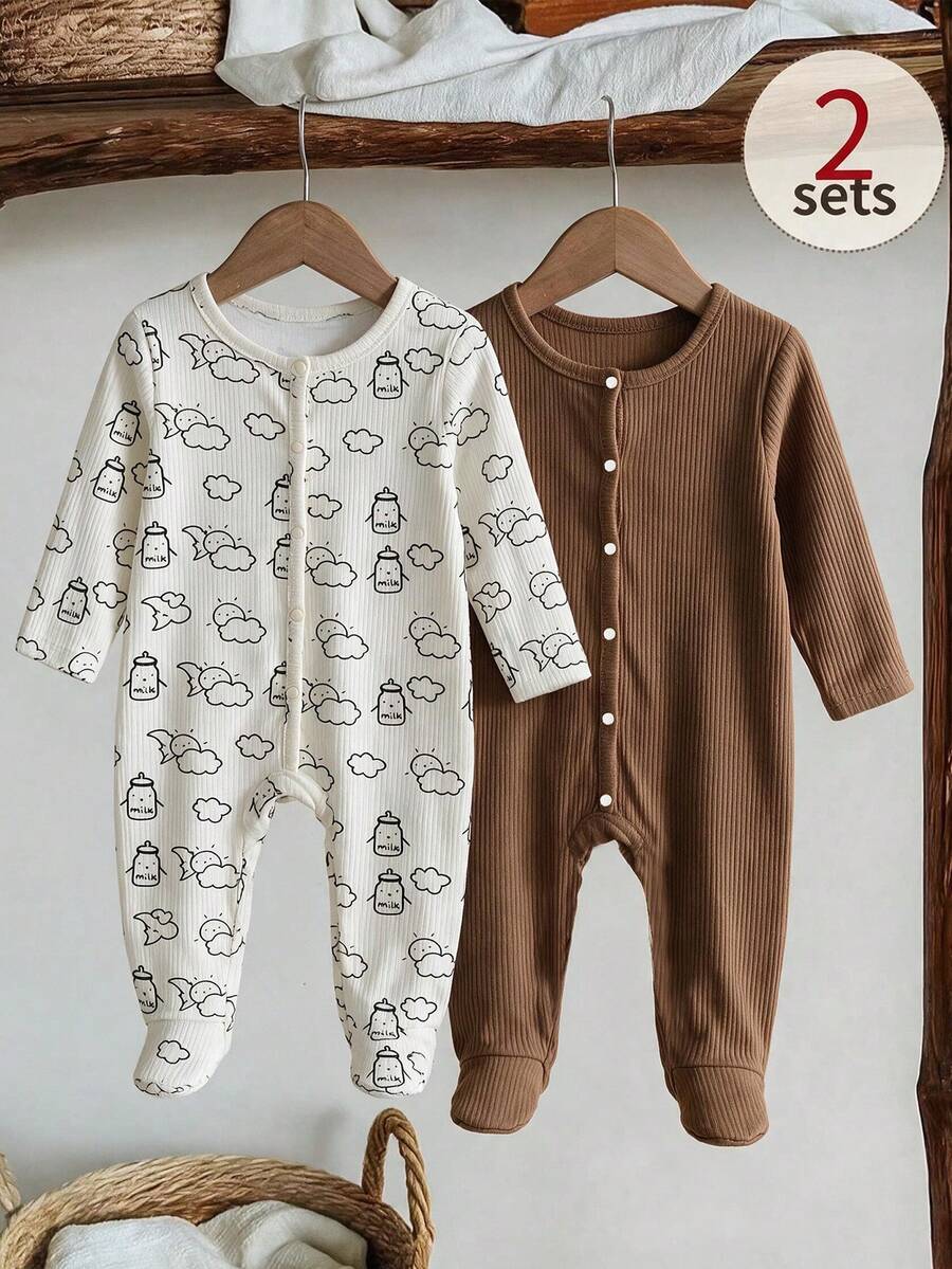 Autumn/Winter Cute Baby Boy Brown + White Cloud & Sun All-Over Print Romper 2-Piece Set, Soft Fabric, Suitable For Baby Boy Home Wear - Brown - View 1