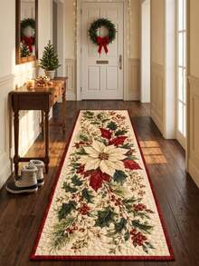 1pc Christmas Poinsettia & Holly Berry Print Long Runner Rug, Suitable For Kitchen, Entryway, Hallway, Corridor, Perfect For Christmas Holiday Home Decor, Soft Short Plush Fabric, Non-Slip Bottom, Stain-Resistant, Easy To Clean - Multicolor - View 5