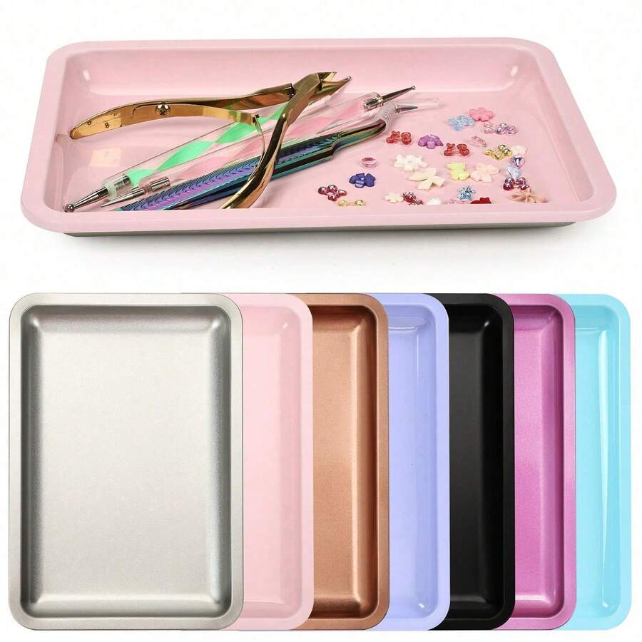 Rectangular Stainless Steel Nail Art Tray, Multi-Color Metal Storage Dish, Professional Manicure And Pedicure Tool, Rhinestone Gemstone Cosmetic Jewelry Display Tray, Suitable For Nail Salon And Home Use - Multicolor - View 1