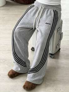Light Gray Men's Sports Pants, Loose Fit, Wide Leg, Striped, Gym Pants, Side Stripes, Letter Print, Drawstring Waist, Sportswear - Light Grey - View 2