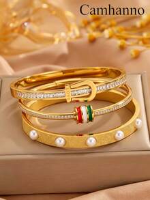 Camhanno 3/1pc Stainless Steel Plated 18K Gold Bracelet Set With Sand Faced Pearl For Women's Style, Handmade Set - Gold - View 18