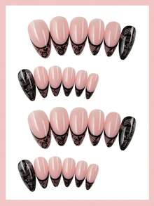 24pcs Medium-Long Almond Shape Press-On Nails, Nude Pink Base With Black French Tips, Vintage Black Lace Mesh Print Design, Mature Sexy Style Finished Fake Nails, Removable Nail Stickers, Suitable For Women's Dates, Parties, Photoshoots, Comes With Nail Adhesive Tools, Elegant Atmosphere, Enhances Nail Shape And Makes Hands Look Slender, Free Tools, Self-Adhesive, Autumn/Winter Christmas Style - Multicolor - View 2