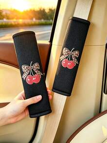 1pc Leopard Print Bow & Cherry Pattern Shoulder Strap Cover, Car Seat Belt Protector, Car Interior Decoration, Soft & Comfortable - A - View 1
