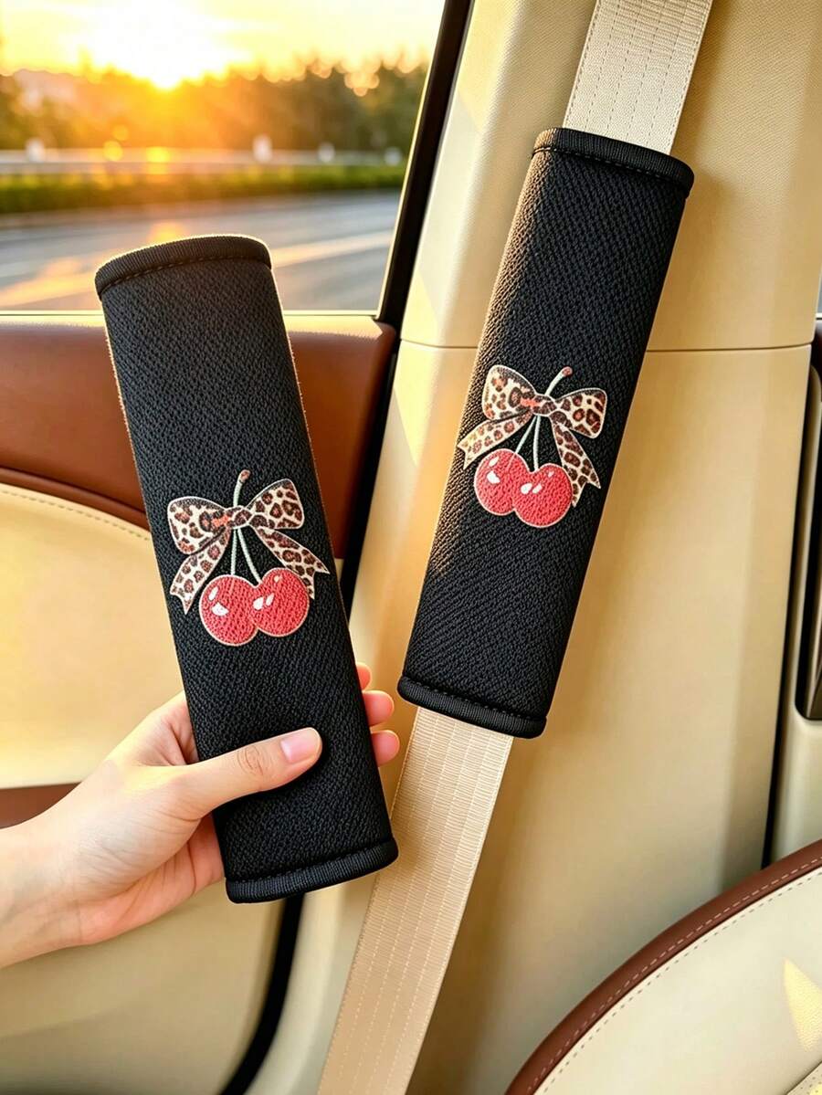 1pc Leopard Print Bow & Cherry Pattern Shoulder Strap Cover, Car Seat Belt Protector, Car Interior Decoration, Soft & Comfortable - A - View 1