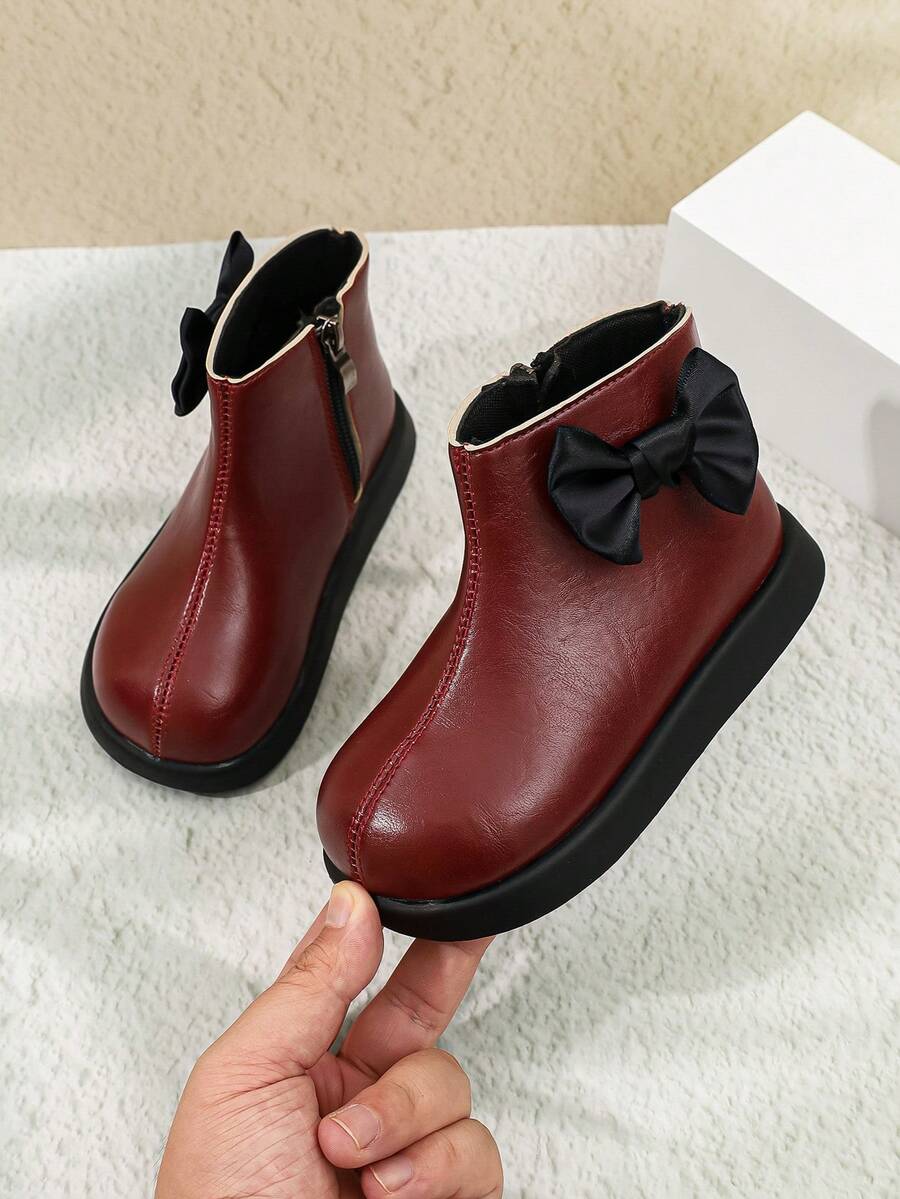 Girls' Burgundy Bow Decor Ankle Boots With Side Zipper, Thick Sole, Round Toe, Versatile Autumn/Winter Children's Shoes - Red - View 1