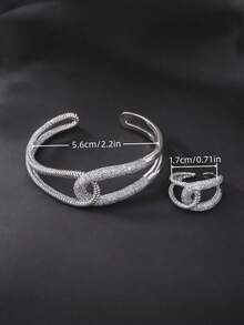 2pcs Light Luxury Copper Zirconia‑Inlaid Twisted Double Interlocking Open Ring & Bangle Set, Women's Jewelry Set For Daily Wear, Parties & Gatherings - Interlocking Double Ring - View 3