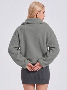 KyrLssu Women Teddy Fleece Cropped Jacket, Stand Collar Full Zip Sherpa Coat, Drop Shoulder Loose Fit With Ribbed Cuffs & Side Pockets, Warm Short Outerwear - Grey - View 2
