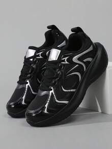 Zapatillas de running de suela gruesa para hombre, zapatillas deportivas con cordones y suela gruesa, zapatos deportivos casuales transpirables para caminar al aire libre - Negro - Ver 4