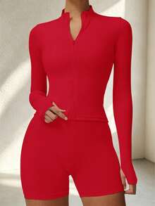 Women's Thumbhole Stand Collar Zip-Up Cropped Jacket, Slim Fit Seamless Cardigan For Running, Yoga, Pilates, Gym - Red - View 5