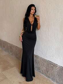 1pc Solid Color Elegant Knit Fabric Dress For Wedding Autumn - Black - View 3