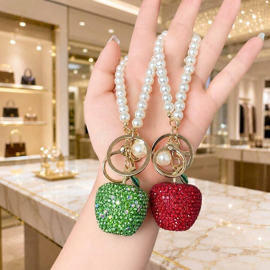 1pc Minimalist Fashion Rhinestone Apple Keychain With Pearl Pendant Phone Bag Charm, Suitable For Girls Christmas