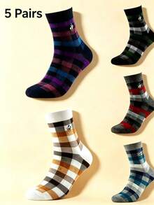 British Plaid Contrast Color Mid-Calf Socks, Pure Cotton, Horse Logo Embroidery, Business Casual Daily Wear Men's Socks - Multicolor - View 7