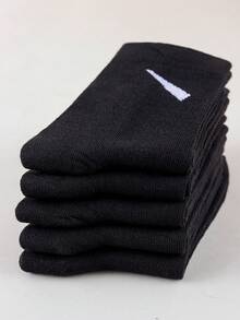Men's 5 Pairs Solid Black Crew Socks, Simple Logo Breathable Casual Sports Daily Wear Socks - Black and White - View 5