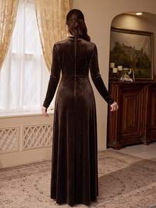 Women's Charming Brown Knitted Long Sleeve Cocktail Dress, Overlap Collar Twisted Front High Slit, Elegant Formal Gown - Coffee Brown - View 2