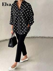 VELLA Women's Elegant Loose 3/4 Sleeve Rolled-Up Plus Size Shirt, Suitable For Commuting, Back To School, Outings, Casual Wear - Black - View 4