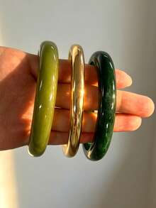 3pcs/Set Fashionable Minimalist Elegant Exquisite Vintage Design Green Resin Geometric Asymmetrical Marbled Pattern CCB Metal Style Round Bangle Bracelet Set, Holiday Vacation Party Date Gift, Daily Commute Wear, Personalized - Multicolor - View 4