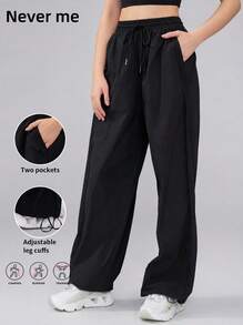 Never me Women's Loose Wide Leg Elastic Drawstring Lightweight Side Pocket Casual Jogger Pants - Black - View 2