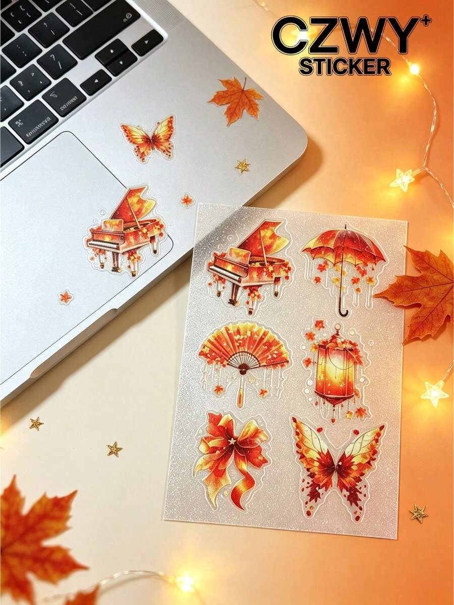 1pc/2pcs Pixel Style Autumn Maple Leaf Decorative Stickers, Warm Orange Piano Butterfly Lantern Pattern With Background, Comes With Tweezers, Suitable For Phone, Laptop, Camera, Card, Gift Bag, Gift Box, Water Cup And More - Pixel Autumn Style - View 1