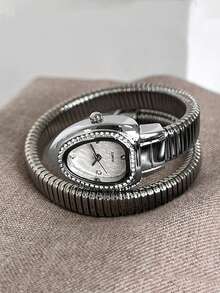Women's Snake-Shaped Water Drop Quartz Watch, Rhinestone Bezel Elastic Band Wristwatch, Unique Bracelet Watch, Birthday Christmas Gift For Her - Silver - View 3