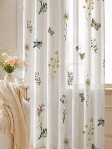 2PCS Wildflower Bird Butterfly Print High Density Mesh Curtains, Light Filtering Rod Pocket Window Curtains - Pink - View 6