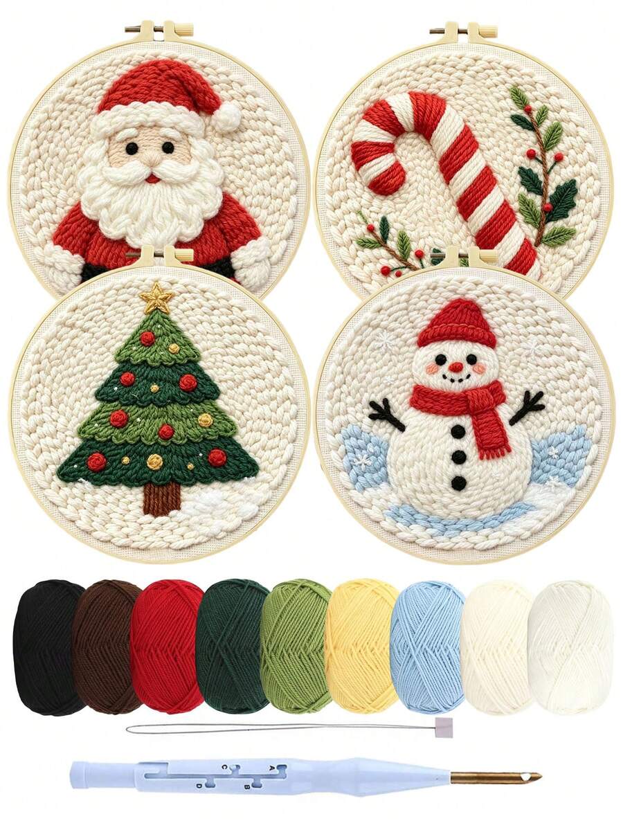 1套聖誕戳繡刺繡套件，初學者刺繡套裝含戳繡布料、毛線與縫針，適合初學者，簡單DIY手工，聖誕節禮物與裝飾 - 多色 - 查看 1