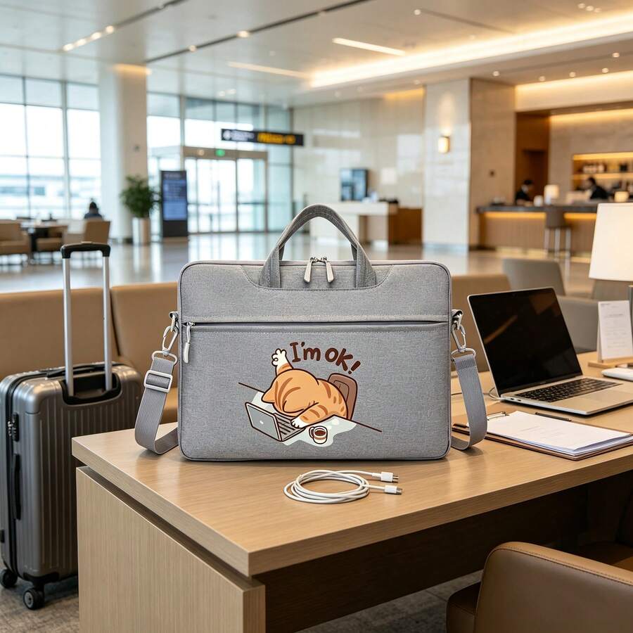Cute Cat Print Laptop Bag With OK Lettering, Fashionable Laptop Bag With Shoulder And Hand Carry Dual Use, Multiple Colors Available, Suitable For Campus, Office, Commuting, Unisex, All Season, Can Be Carried By Hand Or On Shoulder - Laptop Bag - View 1
