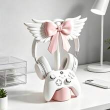 1pc Cute Bow Angel Wings Headphone Stand, 2-In-1 Cute Desktop Storage Rack, Suitable For Gaming Headsets And Controllers, Anti-Slip Cute Pink Gaming Decor, Bedroom Home Office Aesthetic Accessory, Perfect Birthday And Christmas Gift For Gamers And Friends - View 4
