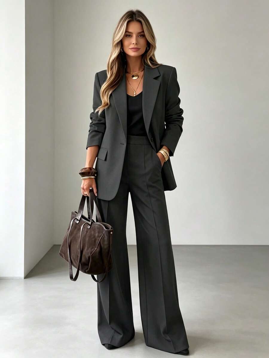 Women Oversized Lapel Blazer & High Waist Wide Leg Pants 2 Pieces Suit Set, Elegant Loose Business Casual Matching Outfit - Dark Grey - View 1