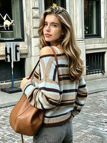 LOVE JOYY Women Fall Winter One Shoulder Striped Knit Sweater, Loose Drop Shoulder Long Sleeve Pullover Slim Casual Top - Multicolor - View 3