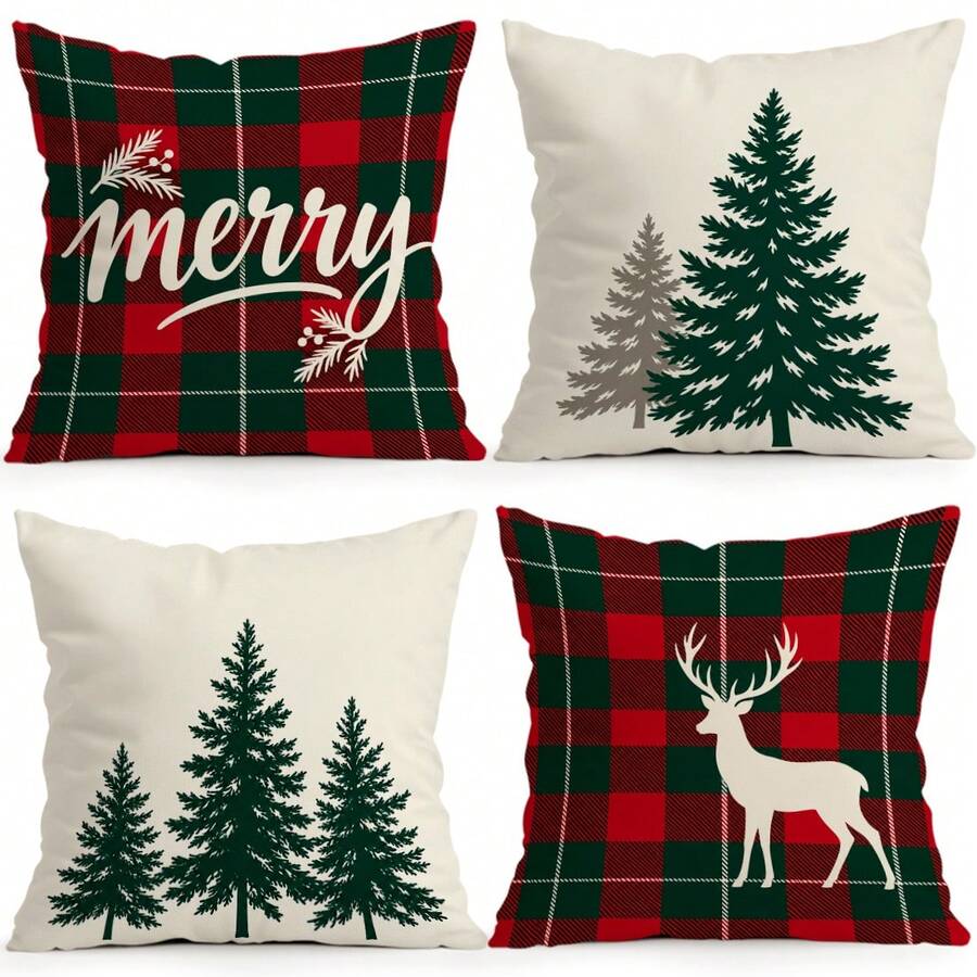 4pcs/1pc Christmas Plaid Christmas Tree Pattern Pillow Case Without Insert, Single-Sided Printed Pillow Case, Suitable For Living Room Bedroom Home Decor, All-Season Pillow Case - Multicolor - View 1