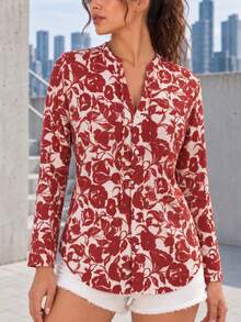 Women's Red Floral Print Button Front Blouse, Long Sleeve V Neck Shirt With Curved Hem For Work And Weekend Wear - Red - View 4