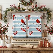 2/4/48pcs Kitchen Dish Cloths, Winter Red Cardinal & Berry Striped Pattern Kitchen Cleaning Towels, Suitable For Wiping Tables, Dishes, Cookware And Various Home Cleaning Scenarios, Beautiful & Practical For Daily Kitchen Housework, Multi-Purpose, High Absorbency Kitchen Cleaning Towels - Multicolor - View 2