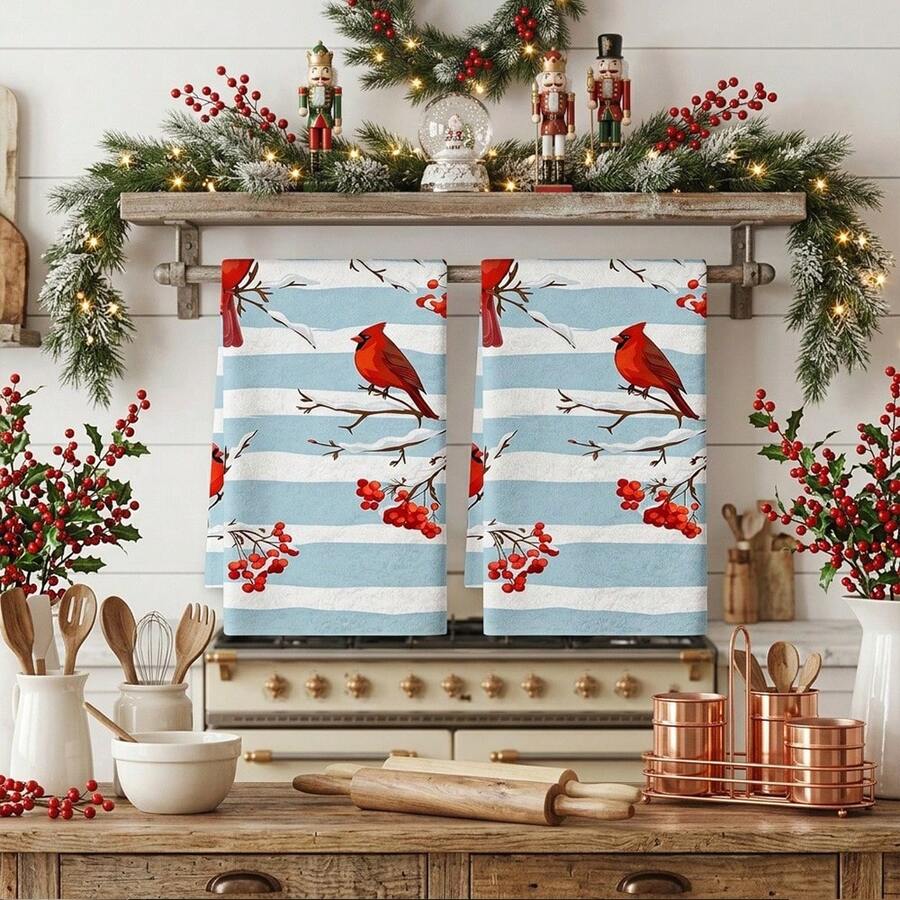2/4/48pcs Kitchen Dish Cloths, Winter Red Cardinal & Berry Striped Pattern Kitchen Cleaning Towels, Suitable For Wiping Tables, Dishes, Cookware And Various Home Cleaning Scenarios, Beautiful & Practical For Daily Kitchen Housework, Multi-Purpose, High Absorbency Kitchen Cleaning Towels