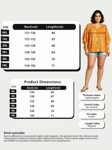 Plus Size Women Batwing Sleeve Printed V-Neck Blouse Summer Yellow - Yellow - View 7