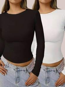Women's Solid Color Round Neck Casual Daily Long Sleeve T-Shirt - Black and White - View 7