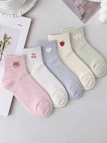 5 Pairs Women's Cute Cartoon Pattern Mid-Calf Socks, Bear Strawberry Cherry Heart Bow Ribbed Knit Pure Cotton Breathable Macaron Light Color Girl Style Short Mid-Calf Socks, Student Girls Daily Campus All-Season Versatile Creative Socks - Multicolor - View 4