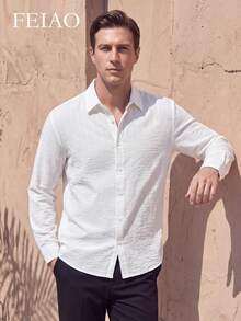 FEIAO Men's Vintage "Old Money" Textured Button Long Sleeve Shirt, Suitable For Commuting, Casual And Vacation, Versatile All-Season Style - White - View 1