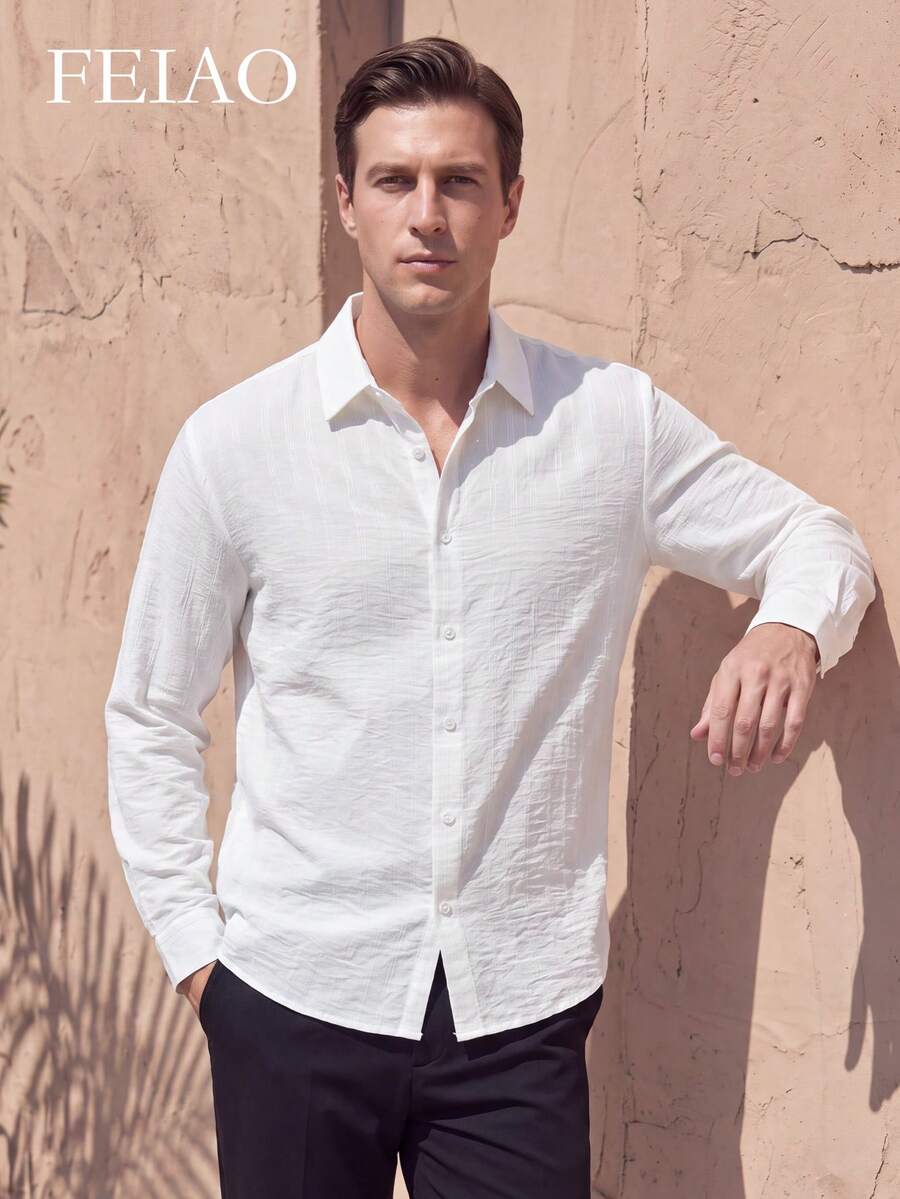 FEIAO Men's Vintage "Old Money" Textured Button Long Sleeve Shirt, Suitable For Commuting, Casual And Vacation, Versatile All-Season Style - White - View 1