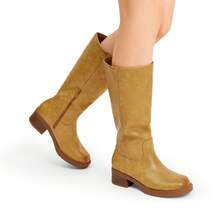 Women's Knee-High Boots, Comfortable Chunky Block Heel Pointed Toe Pull On Side Zipper Suede Slouch Riding Boots - Yellow - View 9