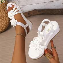 New Women's 3D Floral Multi-Strap Open Toe Wedge Sandals With Elastic Back Strap, Thick Platform Waterproof Sole, Summer Vacation Beach Shoes - White - View 2