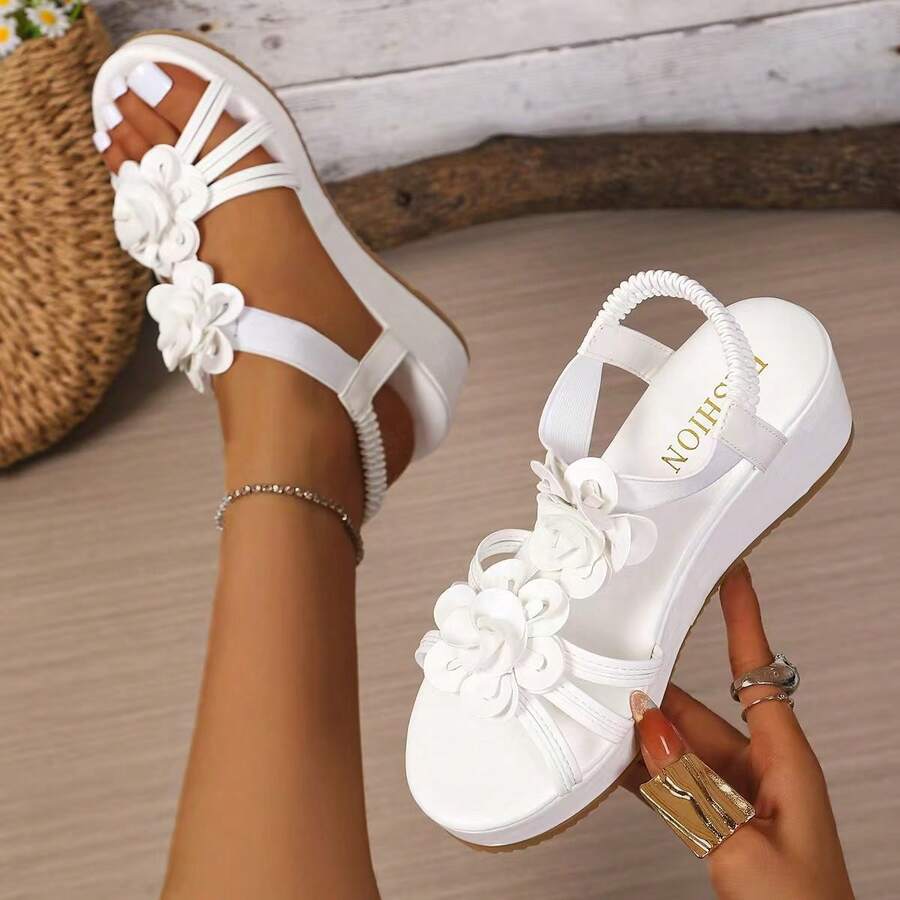 New Women's 3D Floral Multi-Strap Open Toe Wedge Sandals With Elastic Back Strap, Thick Platform Waterproof Sole, Summer Vacation Beach Shoes