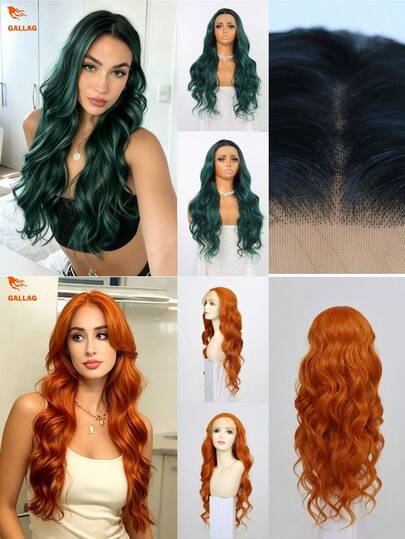 Dark Green And Orange-Red Wavy Synthetic Lace Front Wig (13x4) – Pre-Plucked Hairline, HD Transparent Lace – Suitable For Daily Wear And Beginners – 24 Inches