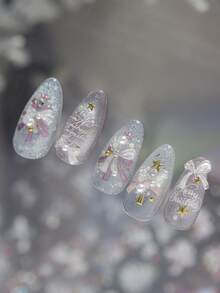 1pc 5D Crystal Christmas Ribbon Tree Nail Stickers, Christmas Tree Bow, Shiny Bow, Exquisite Stars & English Artistic Font Merry Christmas, Adhesive Nail Decals - Multicolor - View 5