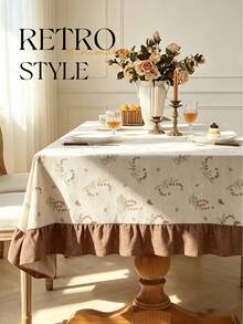 1pc Faux Linen Tablecloth With Scalloped Lace Trim, Polyester Fabric, Botanical Pattern, Rectangular/Square Tablecloth For Dining Room And Living Room Table Decor - Beige - View 5