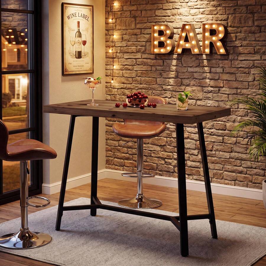LITTLE TREE 105 Cm Industrial Bar Table Solid Wood Breakfast High Table With Metal Frame Footrest Rustic Brown For Kitchen Coffee Corner Small Spaces - Brownish Black - View 1